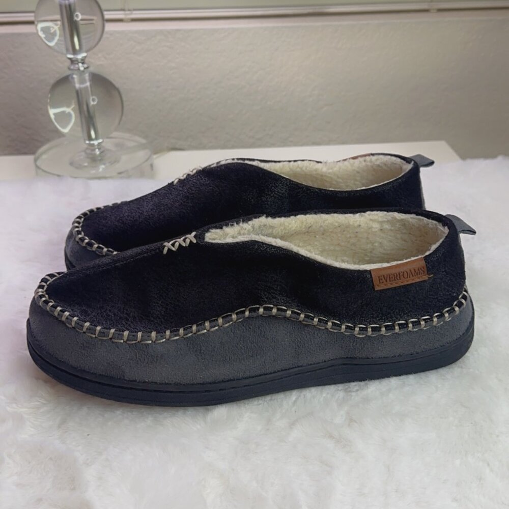 EverFoams moccasin slippers memory foam indoor/outdoor suede black gray sz 10M